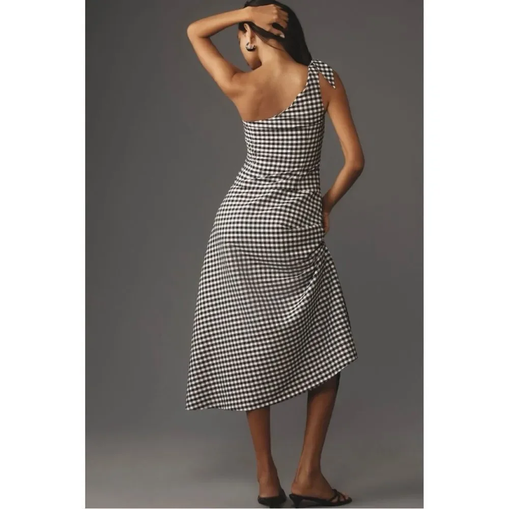 NEW By Anthropologie Black & White One-Shoulder Drop Waist Gingham Dress Small - Picture 2 of 7